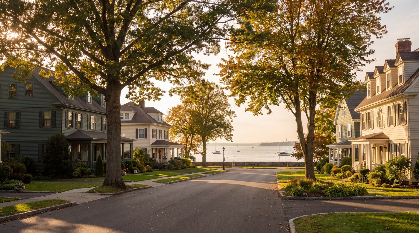 Waterfront residential street An illustrative tree-lined residential street leading toward the waterfront.