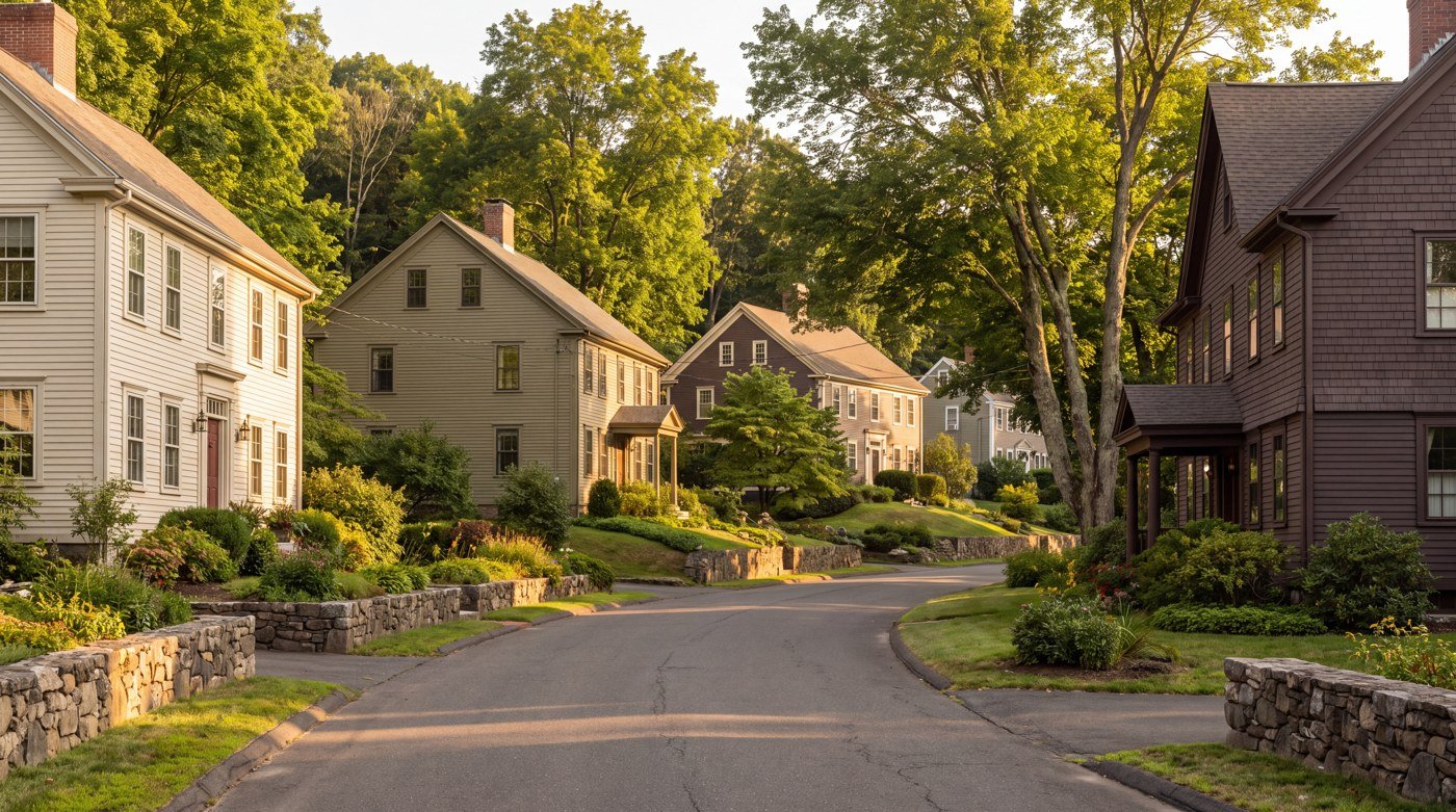 Houses along a narrow leafy lane An illustrative narrow lane lined with houses, mature trees and stone garden walls.