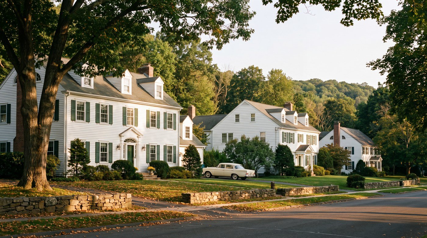 White houses behind a stone wall An illustrative residential street with white houses, lawns and a low stone wall.