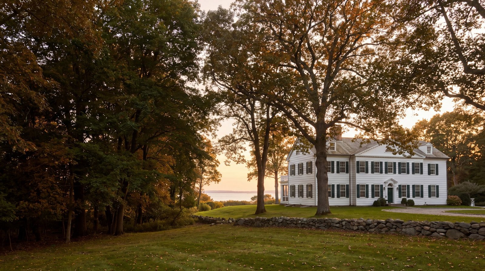 Illustrative Connecticut colonial home beneath mature oak trees Illustrative Connecticut colonial home beneath mature oak trees