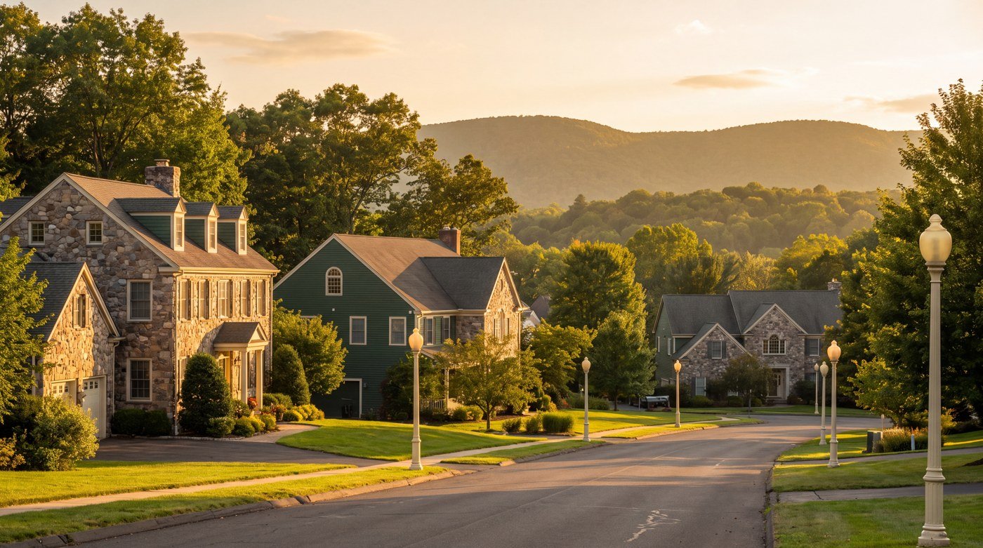 Residential street below wooded hills An illustrative street of detached houses with wooded hills in the distance.