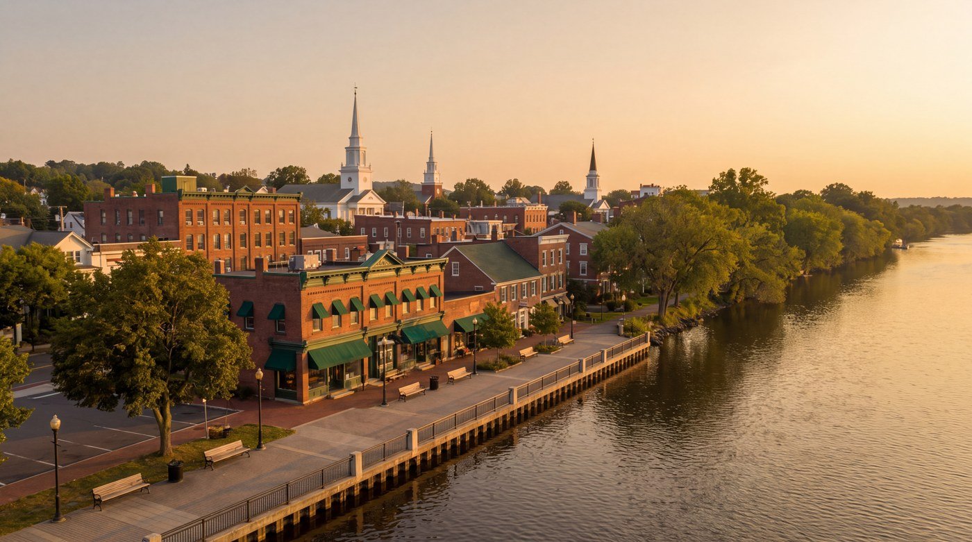Riverfront town at sunset An illustrative riverfront town with brick buildings, a church spire and a waterside road.