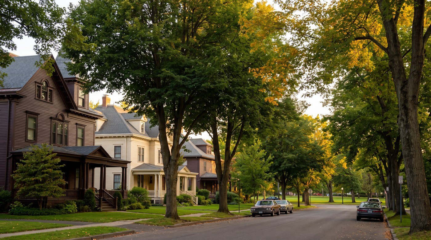 Shaded street with porch-front homes An illustrative leafy residential street with porch-front houses and parked cars.