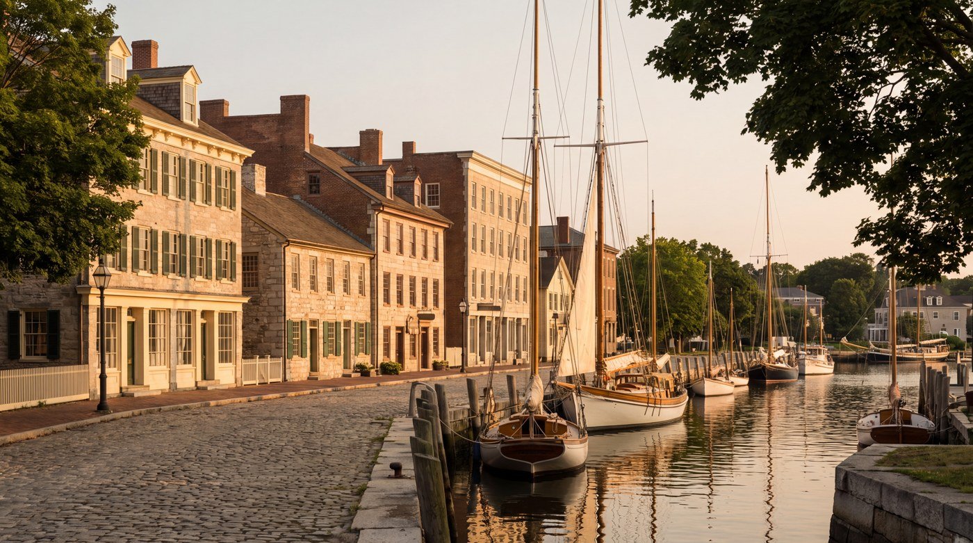 Waterfront buildings and moored boats An illustrative waterfront with brick buildings and sailboats moored along the quay.