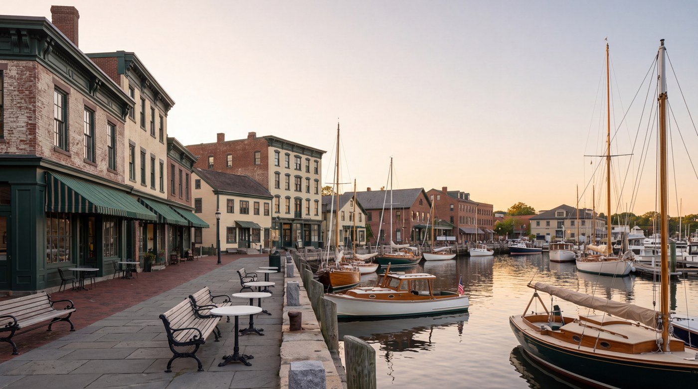 Harbor-side shops and sailboats An illustrative harbor with sailboats beside brick waterfront shops.