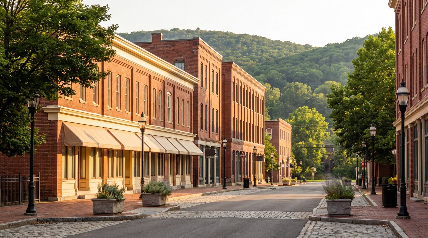 Brick storefronts and wooded hills An illustrative main street with brick storefronts and wooded hills beyond.