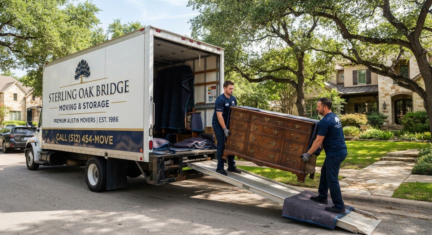 A Sterling Oakbridge crew loading an antique dresser into the truck