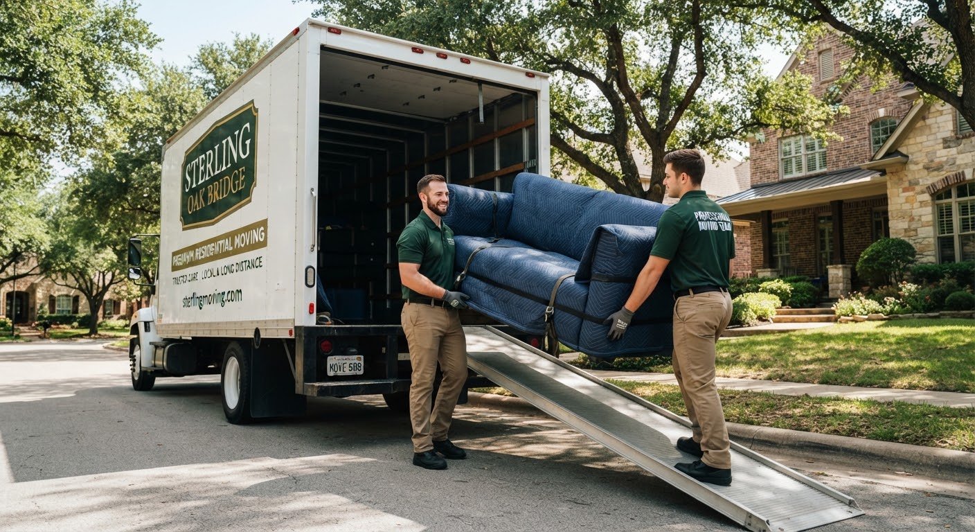 A Sterling Oakbridge crew carrying a wrapped sofa into the truck