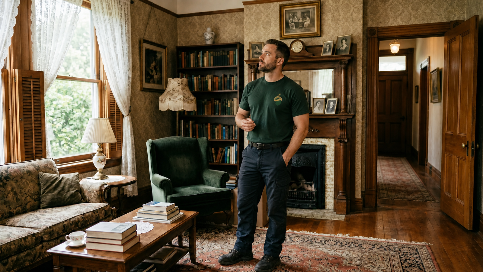 A male Sterling Oakbridge estimator reviewing access inside a maintained historic residence A male Sterling Oakbridge estimator reviewing access inside a maintained historic residence