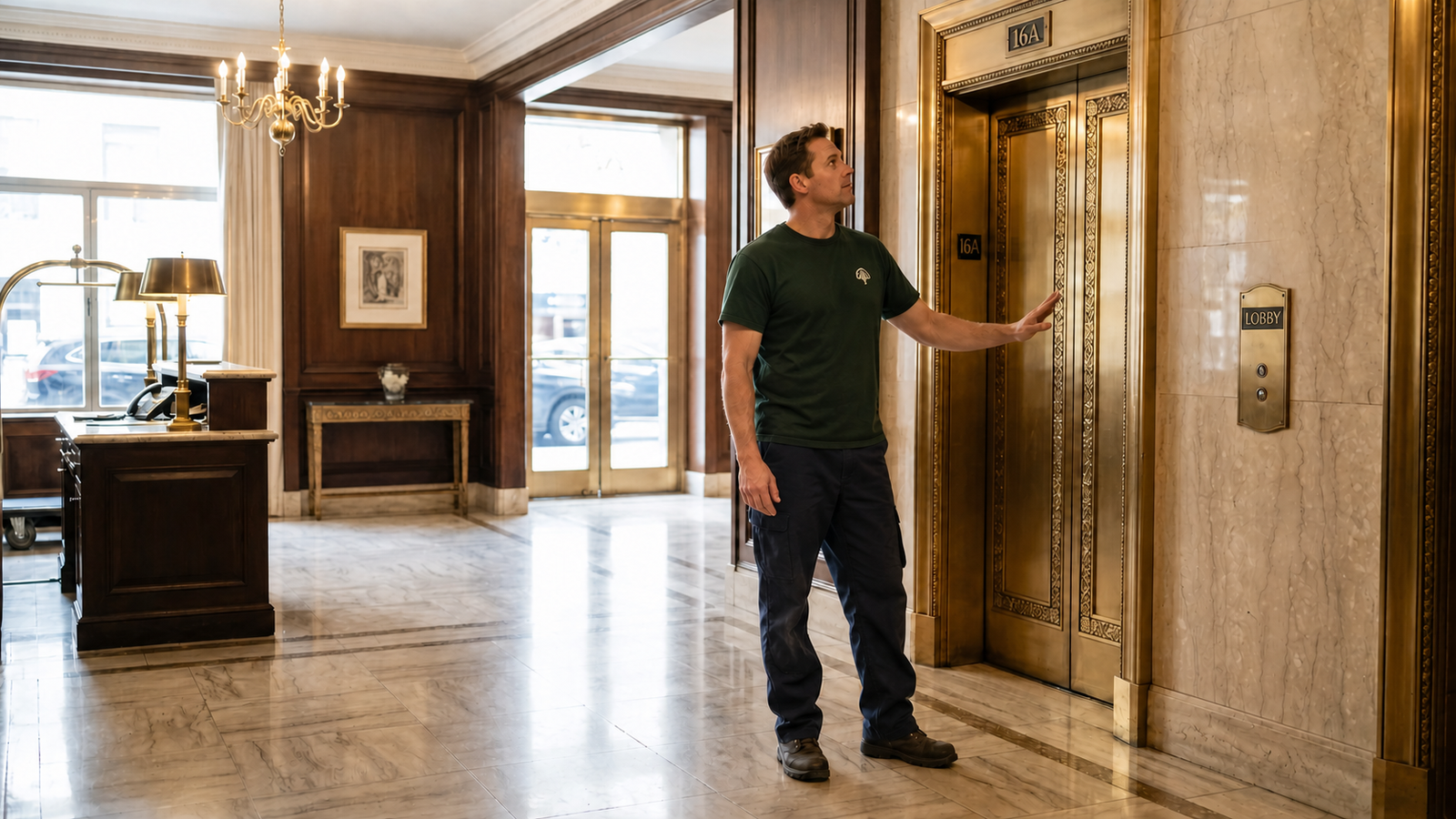 A male Sterling Oakbridge coordinator reviewing elevator access in a maintained apartment lobby A male Sterling Oakbridge coordinator reviewing elevator access in a maintained apartment lobby
