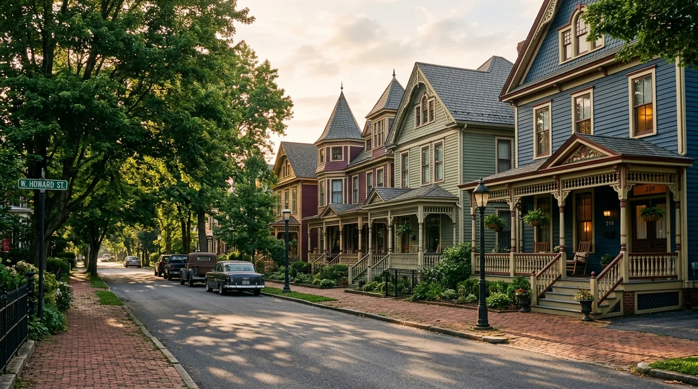 Tree-lined street in Bellefonte with Victorian houses and brick sidewalks in soft morning light.