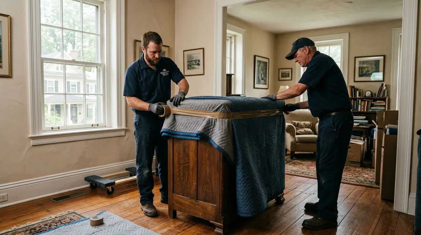 Movers wrapping a wooden dresser with blankets and tape in a Bellefonte home with hardwood floors.
