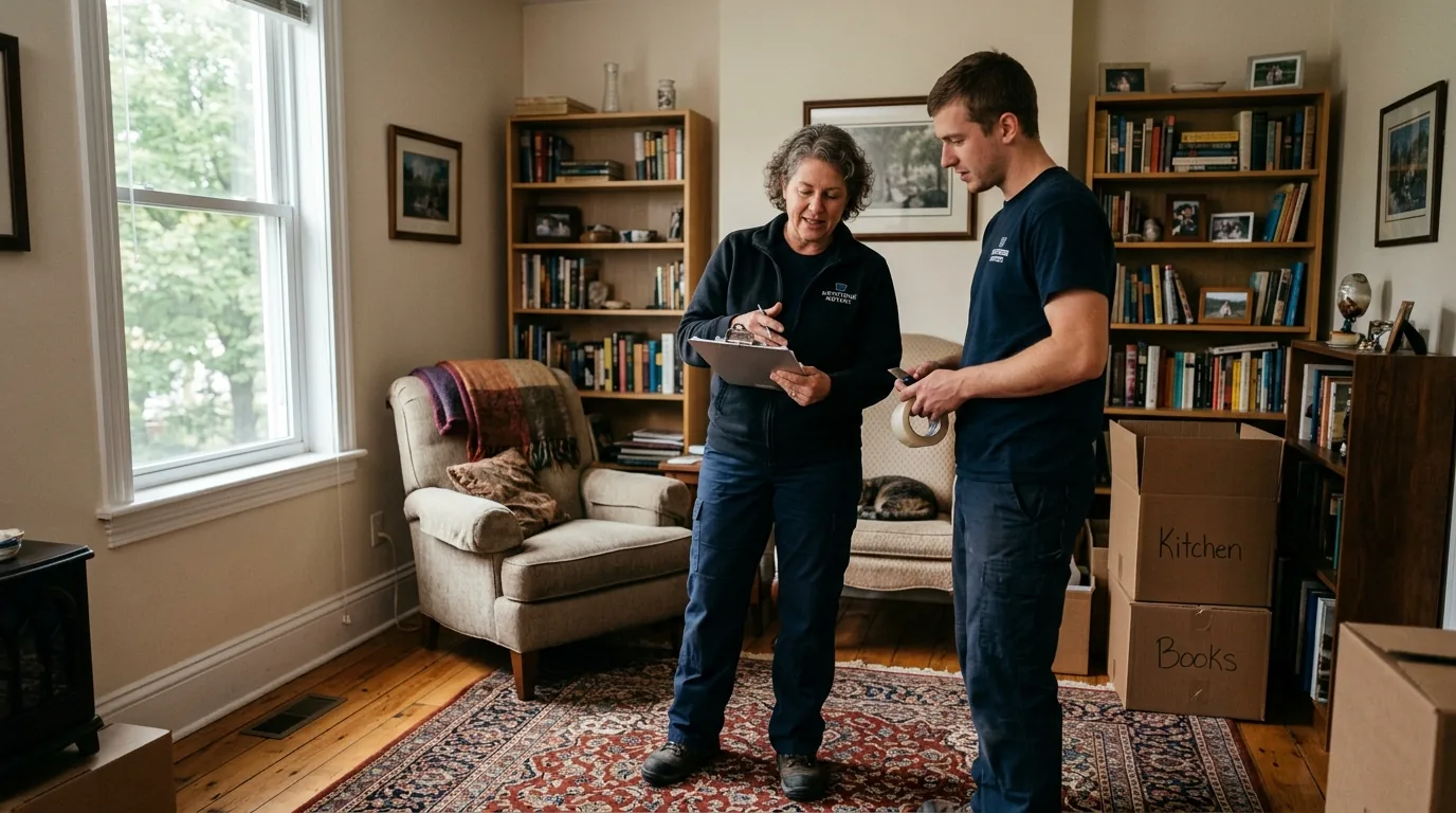 Crew lead with clipboard planning a move in a lived-in Bellefonte rowhouse living room.