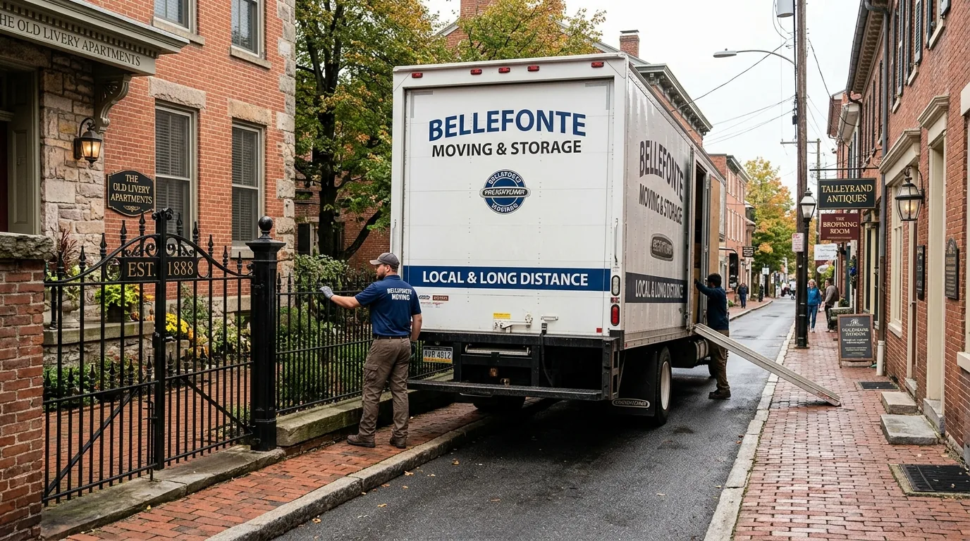 Moving truck parked on a narrow brick street in downtown Bellefonte with historic buildings nearby.
