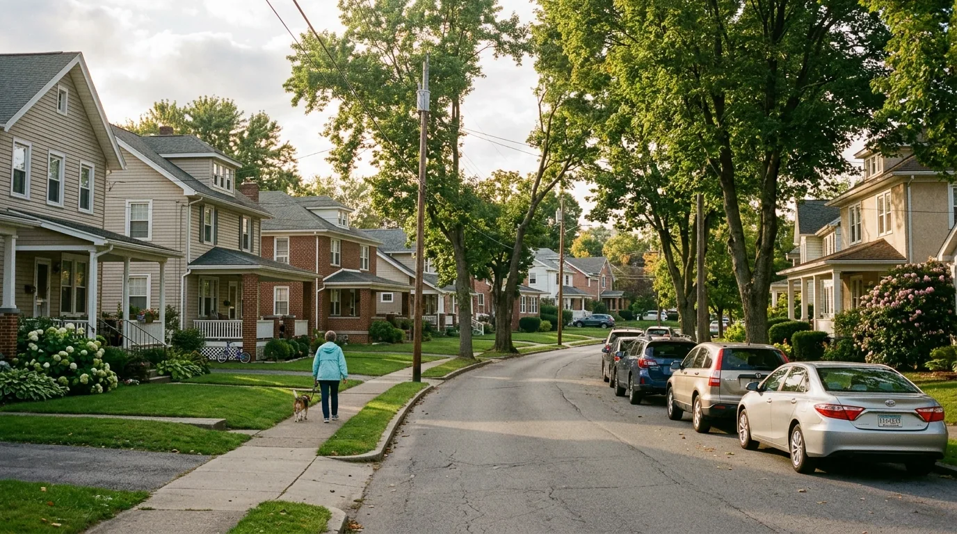 Bellefonte neighborhood with single-family homes, duplexes, and mature trees on a quiet afternoon.