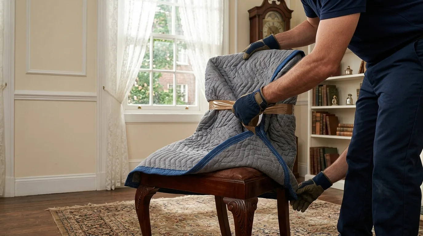 Movers wrapping a wooden chair with blankets and tape in a Bridgeton home.