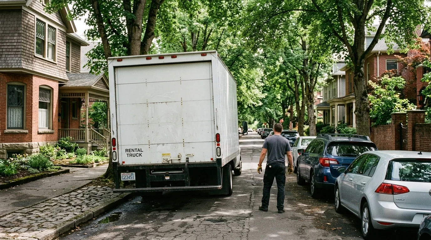 Moving truck parked on a narrow Bridgeton street near historic homes, mover by curb.