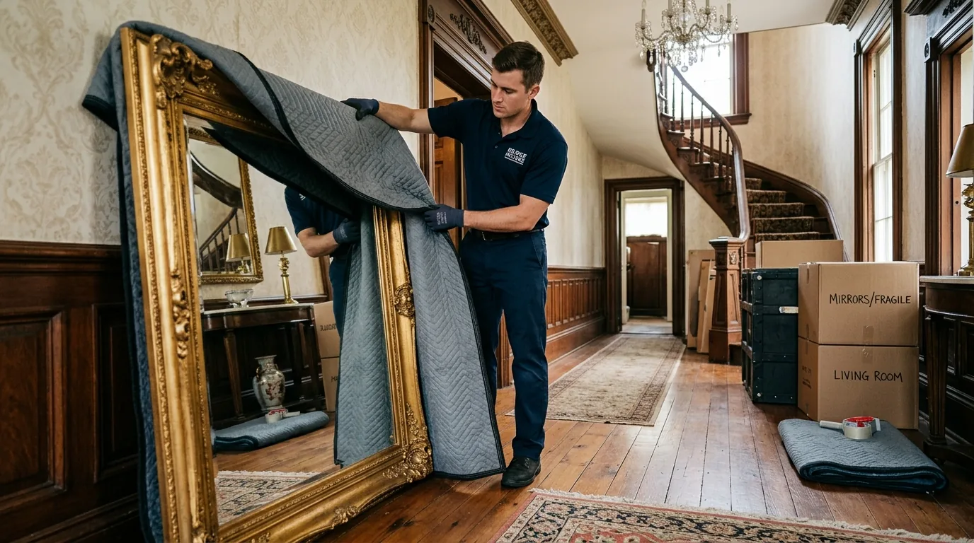 Mover wrapping a large mirror with blankets in a Bridgeton home entryway.