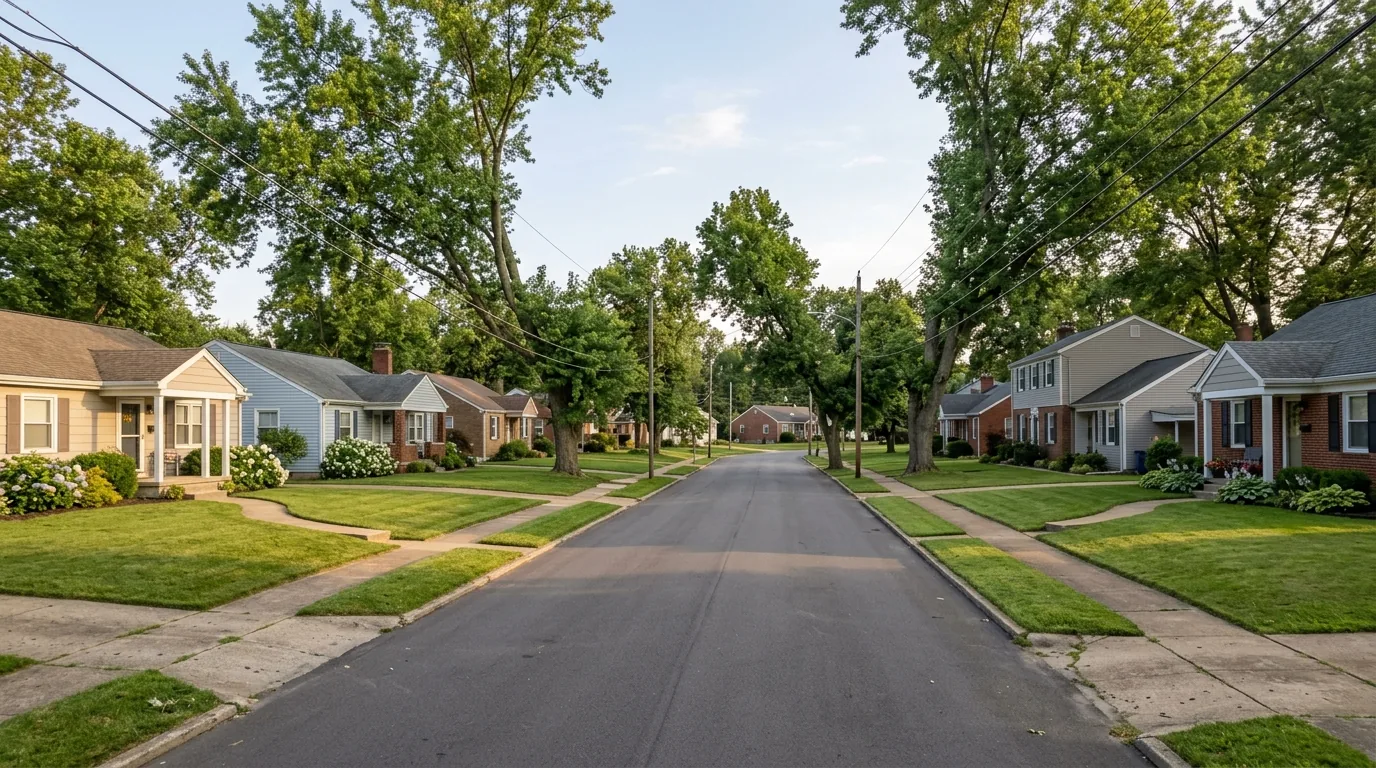 Suburban Bridgeton street with single-family homes and wide lawns in afternoon light.