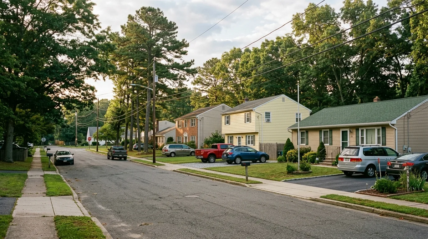 Street in Browns Mills with single-family ranch and colonial homes, driveways, and mature trees.