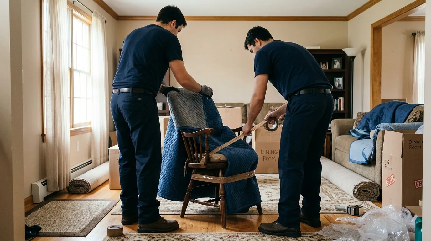Movers wrapping a wooden chair with blankets and tape in a Browns Mills living room.