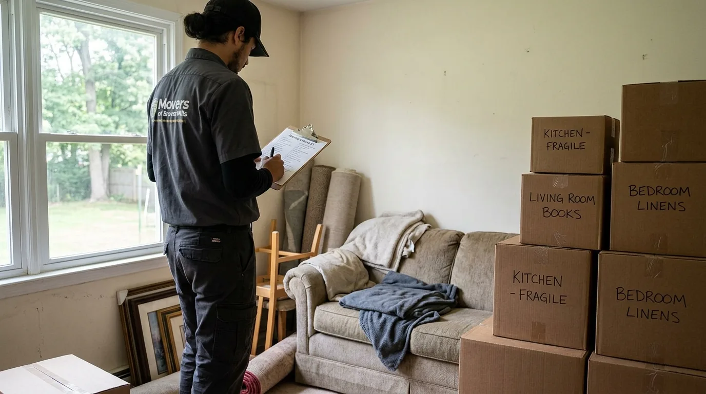 Mover with clipboard planning a move in a Browns Mills living room with boxes and furniture.