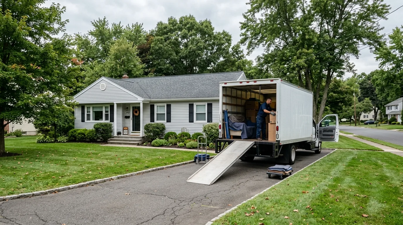 Moving truck in driveway of a Browns Mills ranch home with trees and lawn.