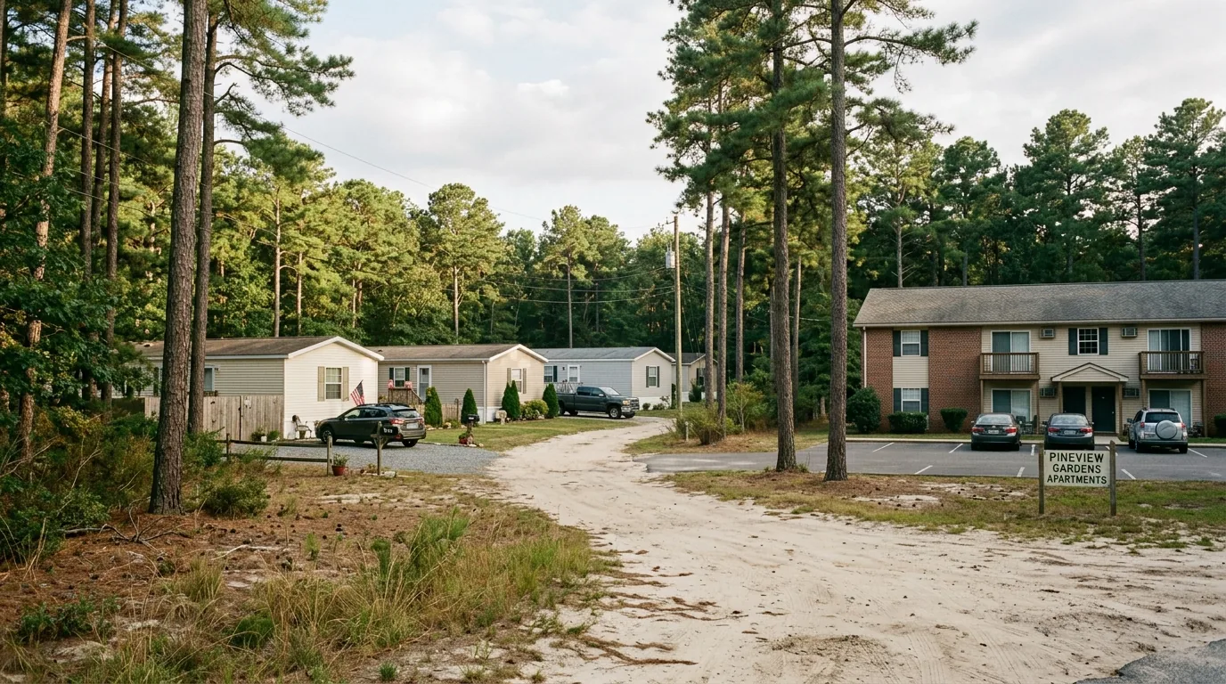 Cluster of modular homes and a garden apartment building on the edge of Browns Mills.