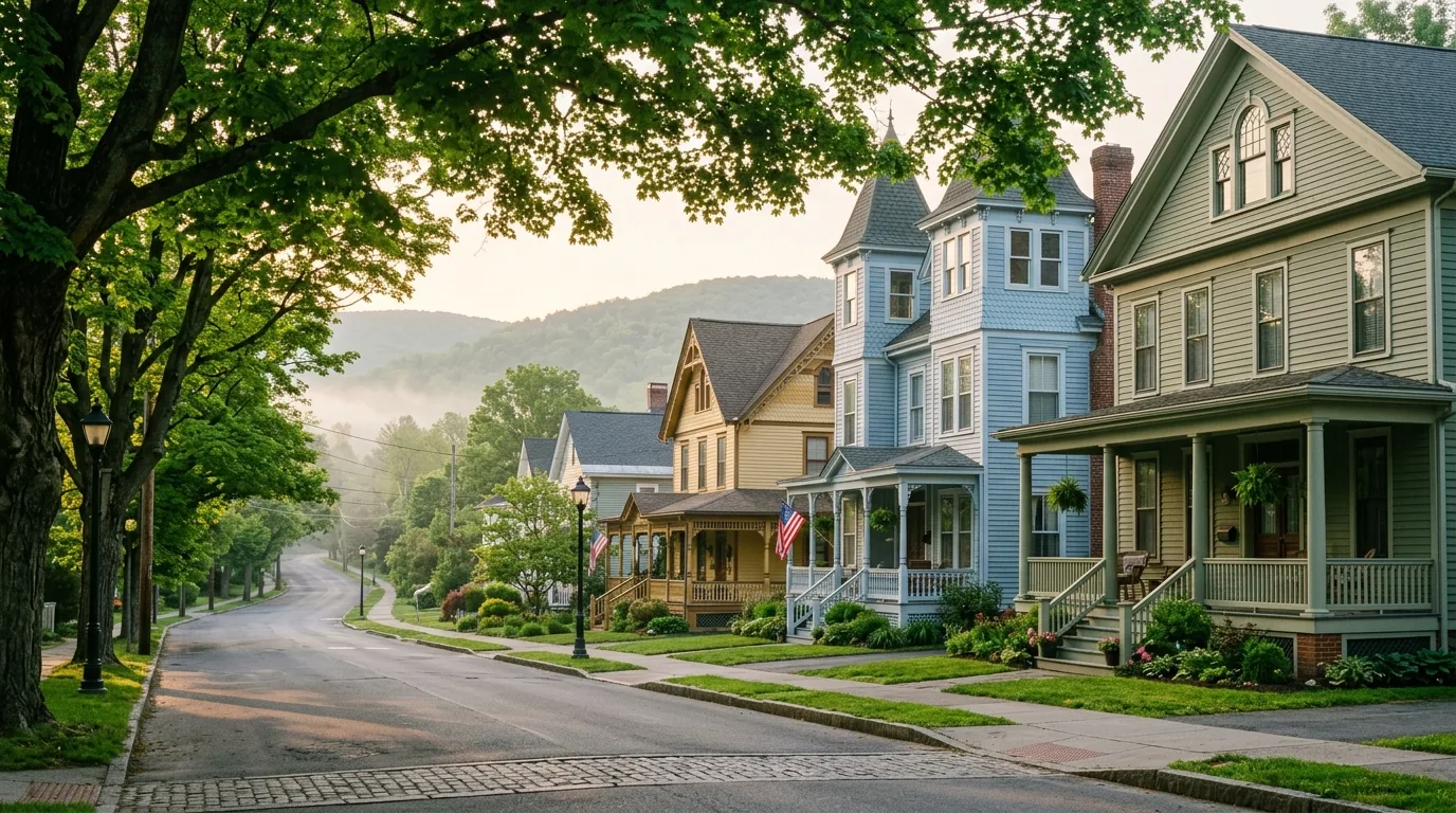 Tree-lined street in Catskill, NY with historic Victorian and Colonial Revival homes in soft morning light.