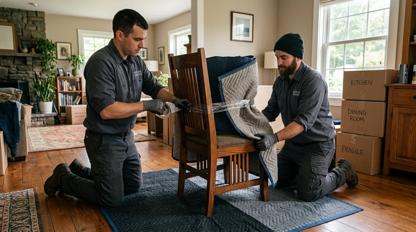 Movers wrapping a wooden chair with blankets and tape in a Catskill home with boxes nearby.