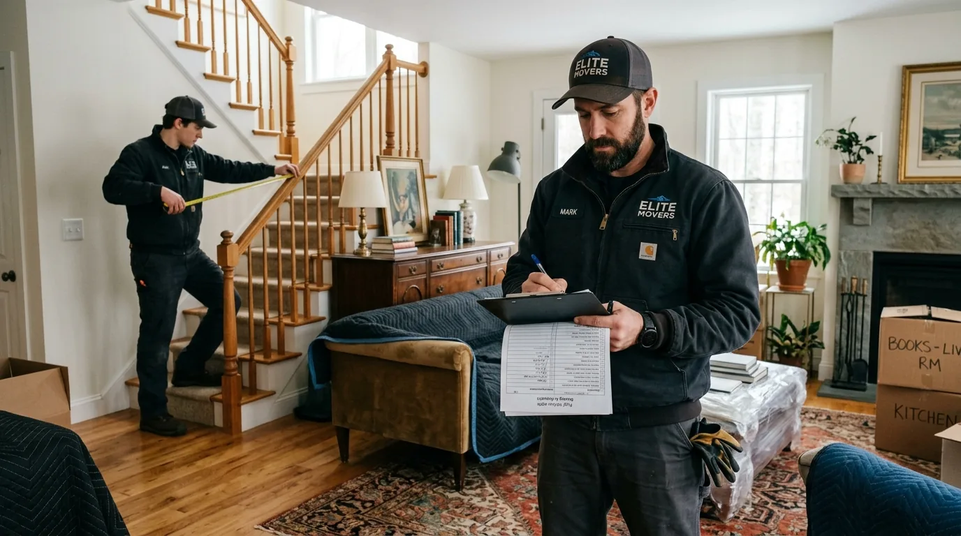 Crew lead with clipboard and mover measuring stairs in a furnished Catskill living room.