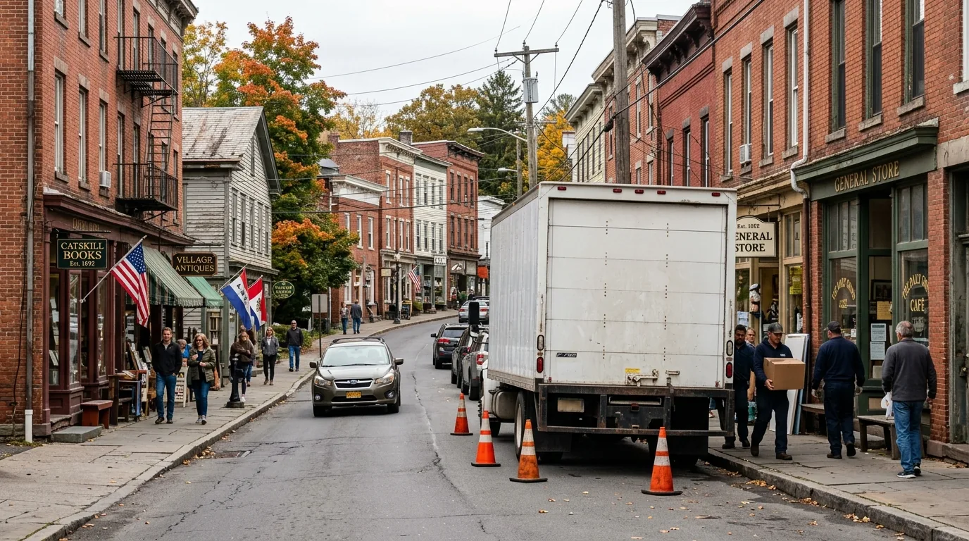 Moving truck parked on a narrow Catskill village street with cones marking space.