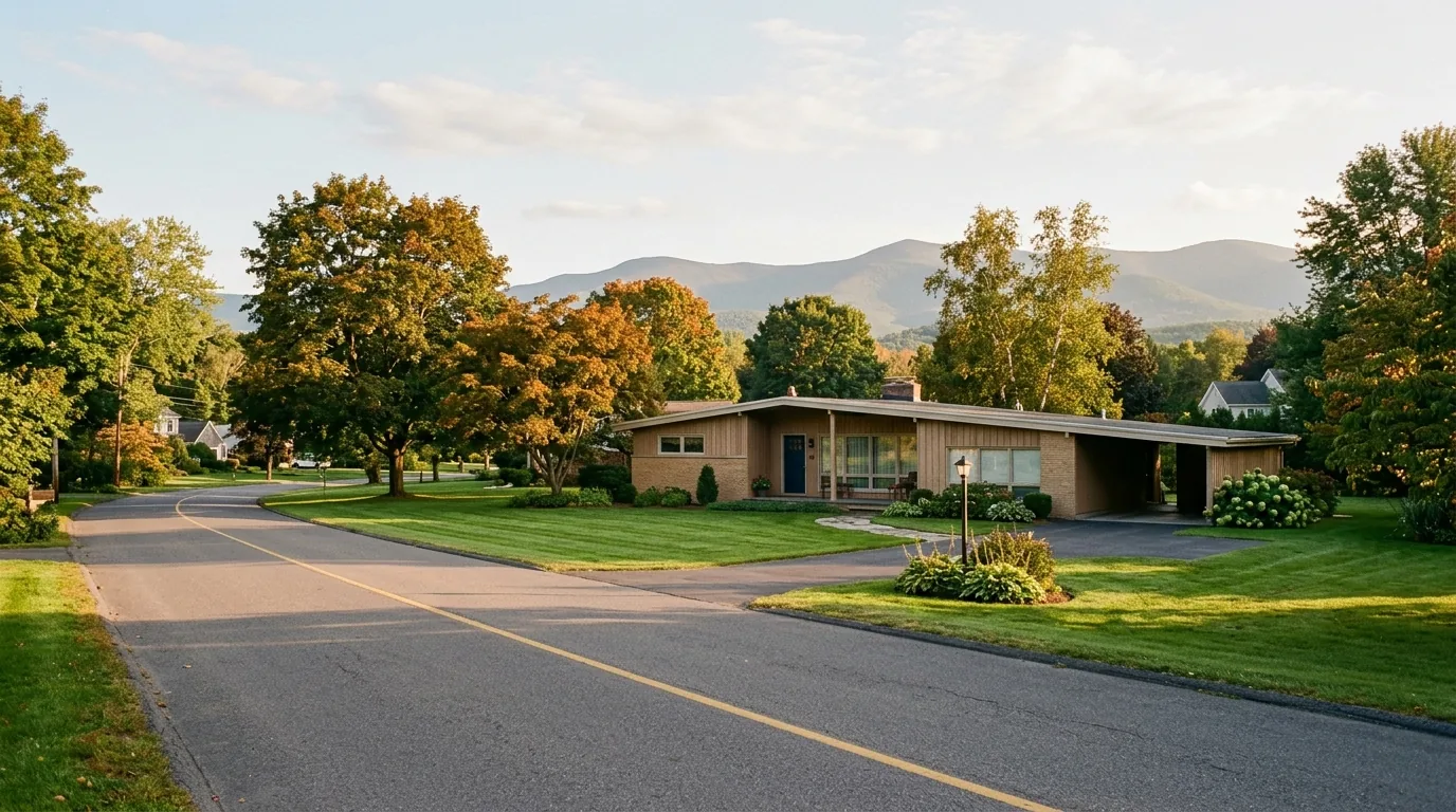 Mid-century ranch house with wide lawn and Catskill Mountains in the distance on a quiet street.