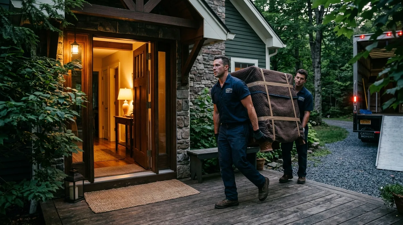 Movers carrying a wrapped dresser out the front door of a Catskill home toward a moving truck.
