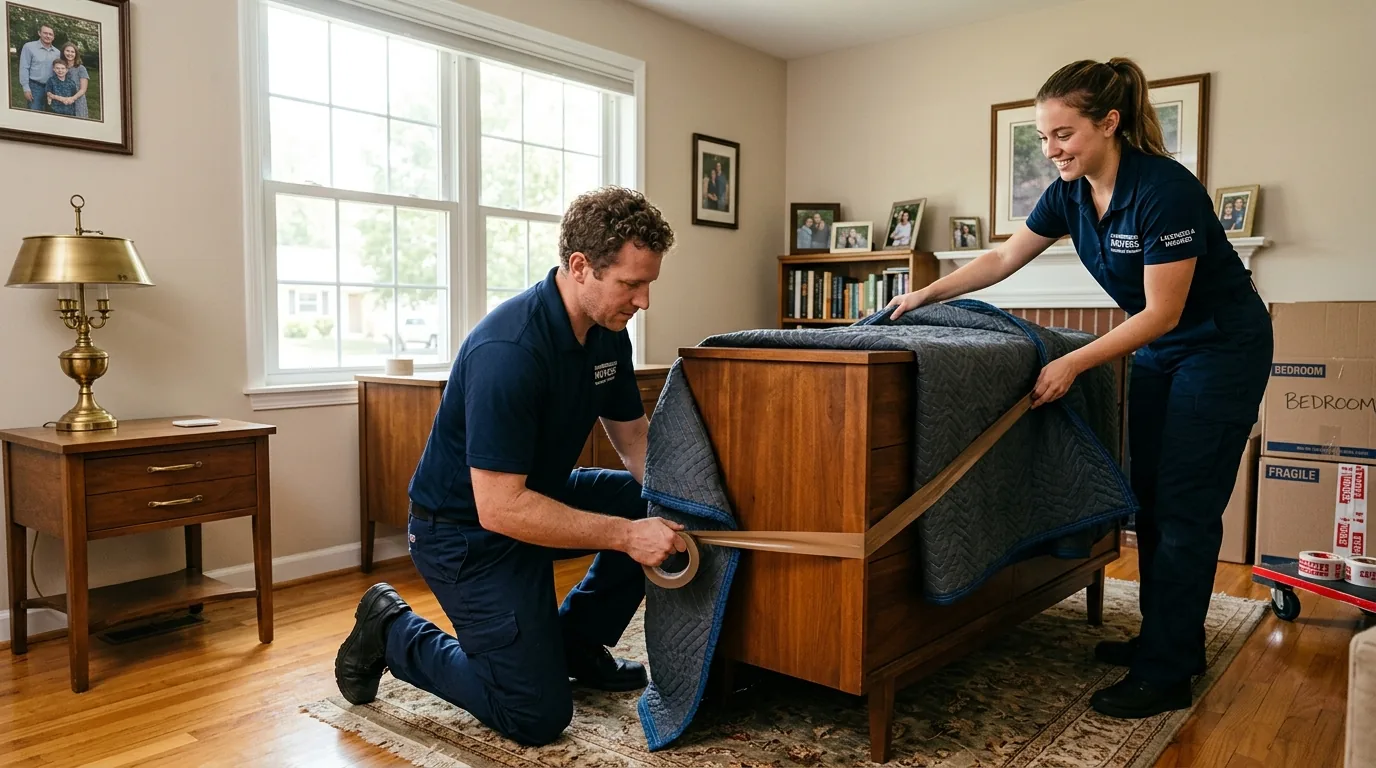Movers wrapping a wooden dresser with blankets and tape in a Chambersburg home.