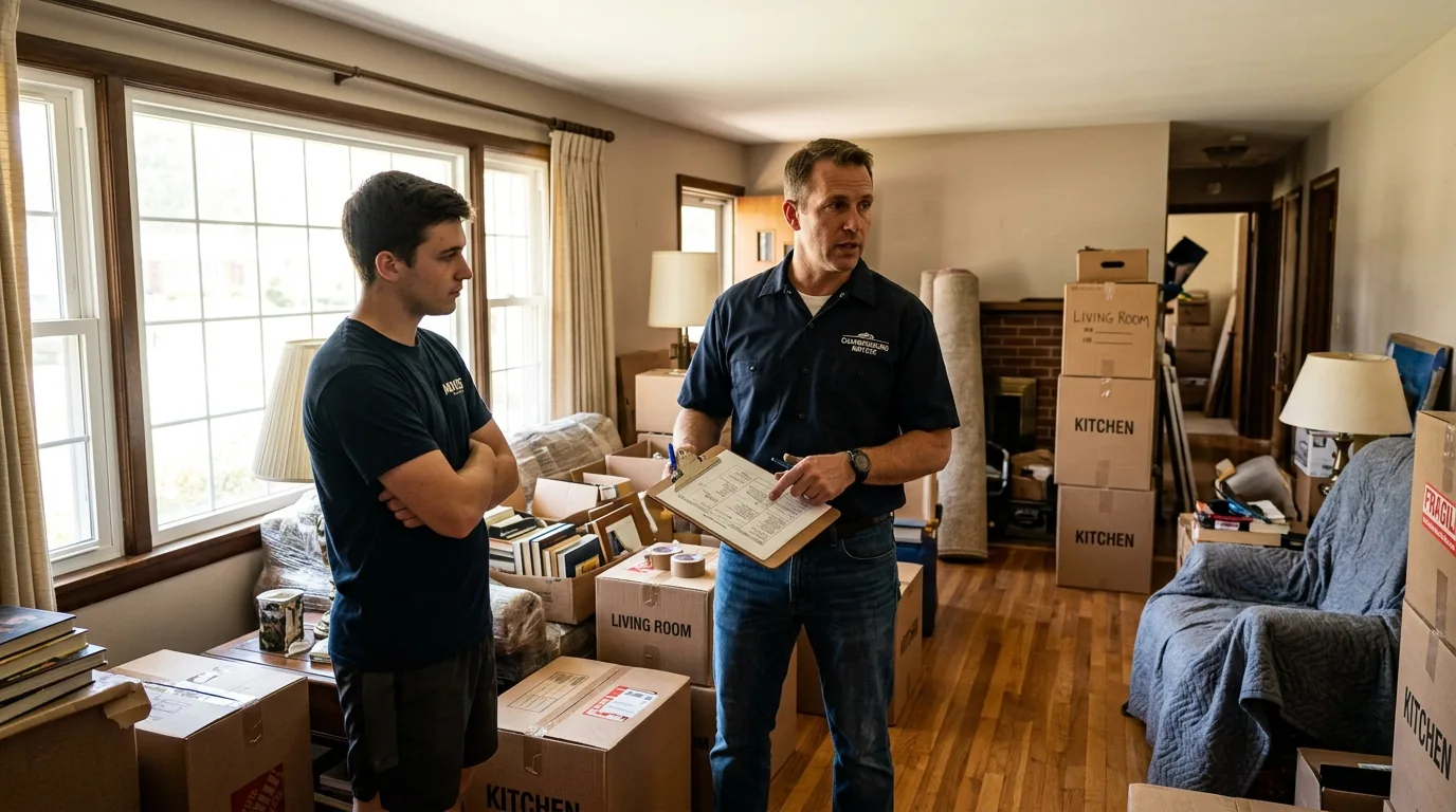 Crew lead with clipboard planning a move in a Chambersburg ranch-style living room.