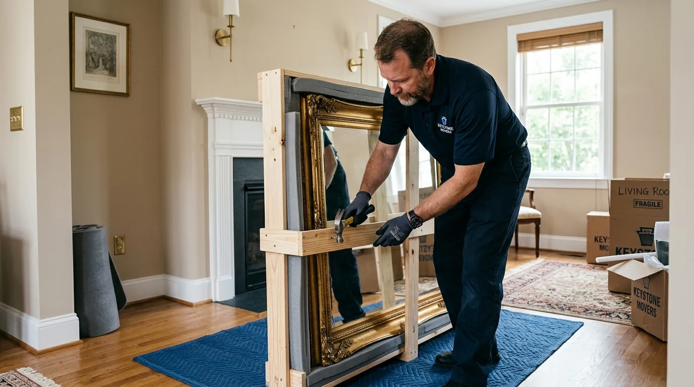 Mover crating a large framed mirror with wood and foam in a Chambersburg townhouse.