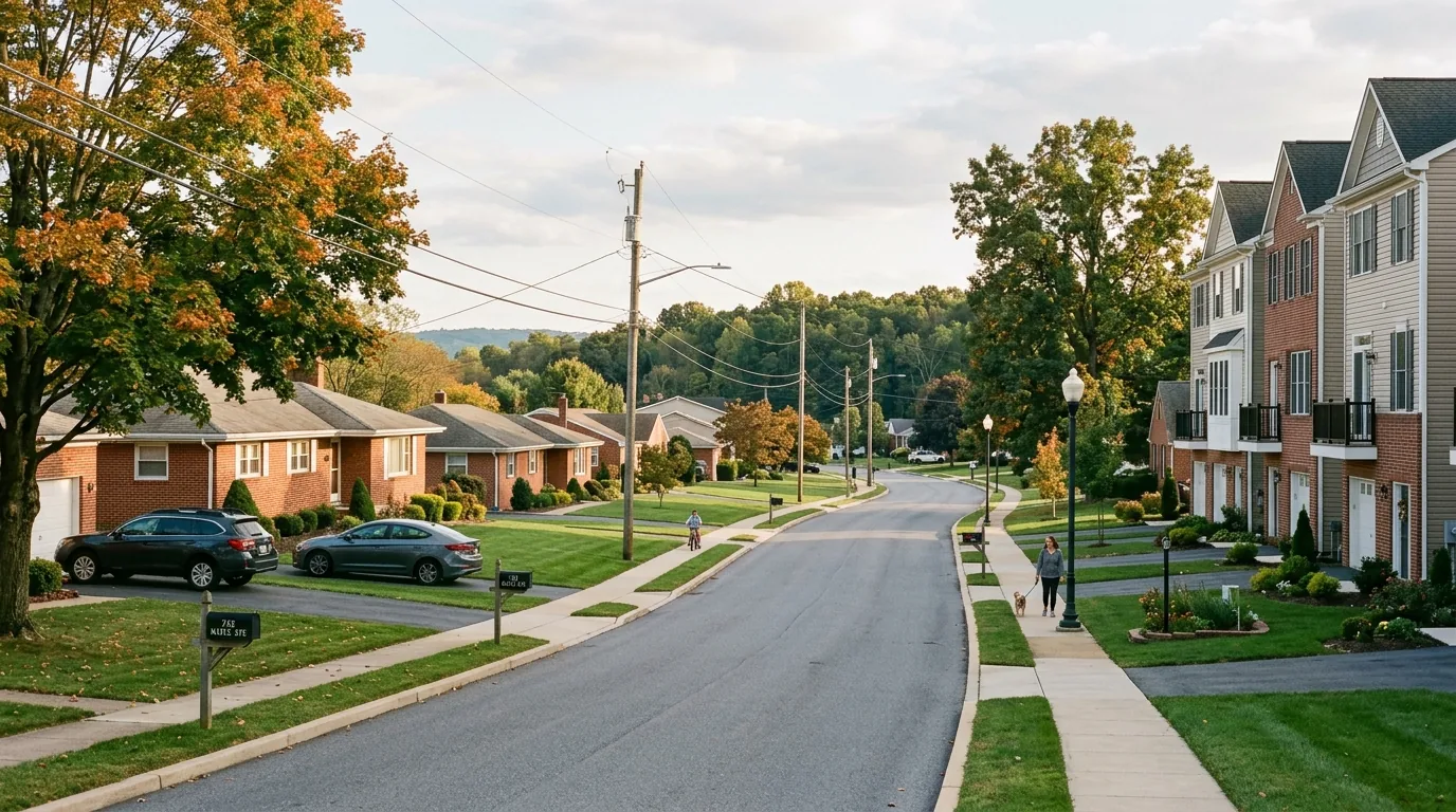 Suburban street with brick ranch homes and townhouses on Chambersburg’s outskirts.