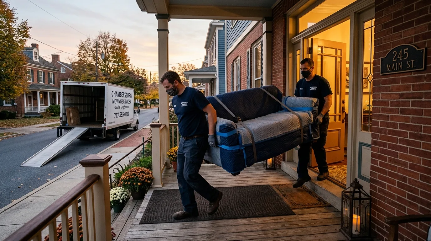 Movers carrying a wrapped sofa out the front door toward a truck in Chambersburg.