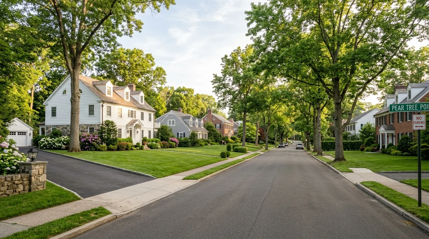 Tree-lined street in Darien with Colonial and Cape-style homes and manicured lawns.