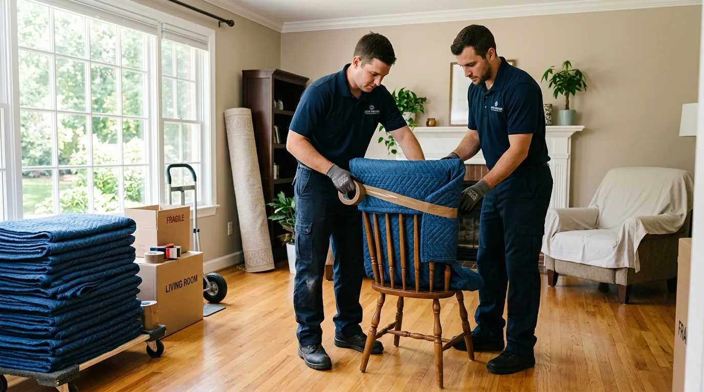 Movers wrapping a wooden chair with blankets and tape in a bright living room.