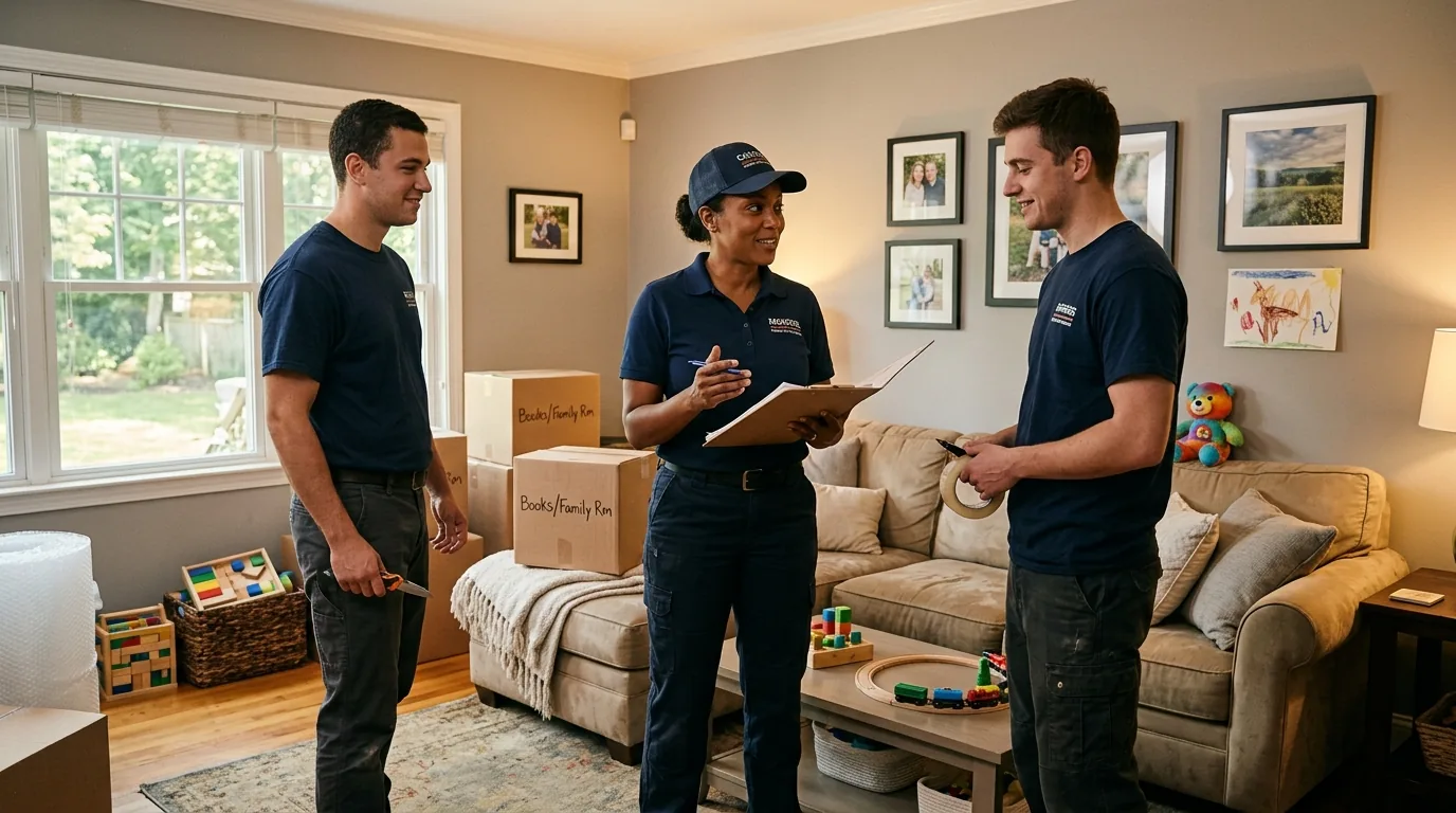 Crew lead with clipboard planning a move in a lived-in family room with toys and art.