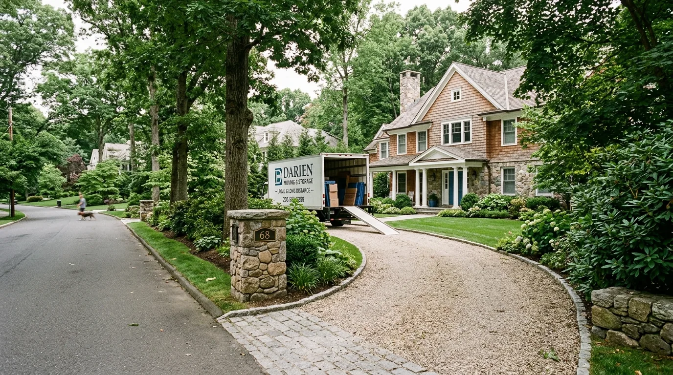 Moving truck parked in a long driveway of a suburban Darien home with mature landscaping.