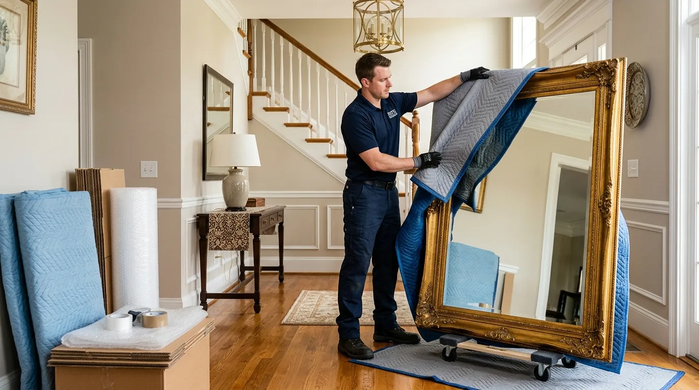 Mover wrapping a large framed mirror with blankets in a foyer with wood and brass accents.