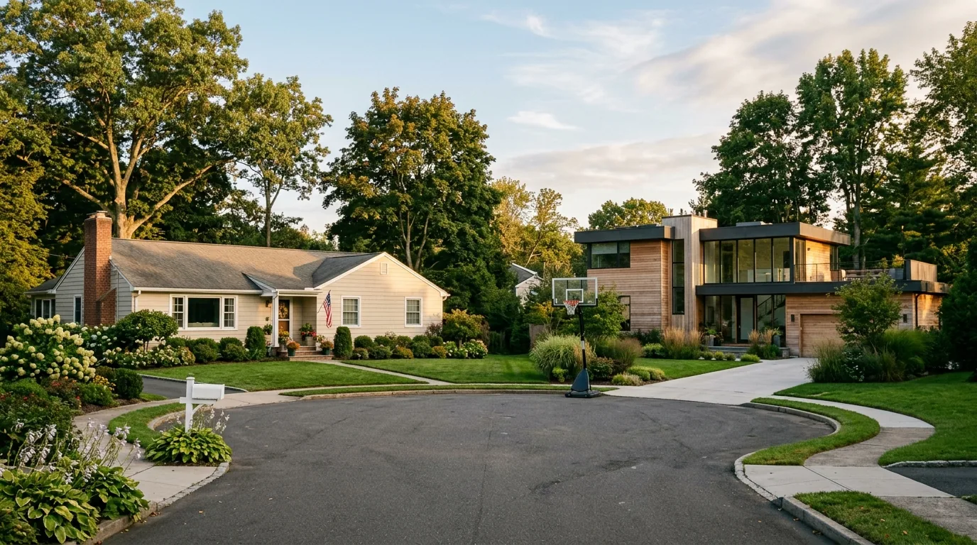 Post-war ranch and contemporary home on a quiet Darien cul-de-sac with gardens.