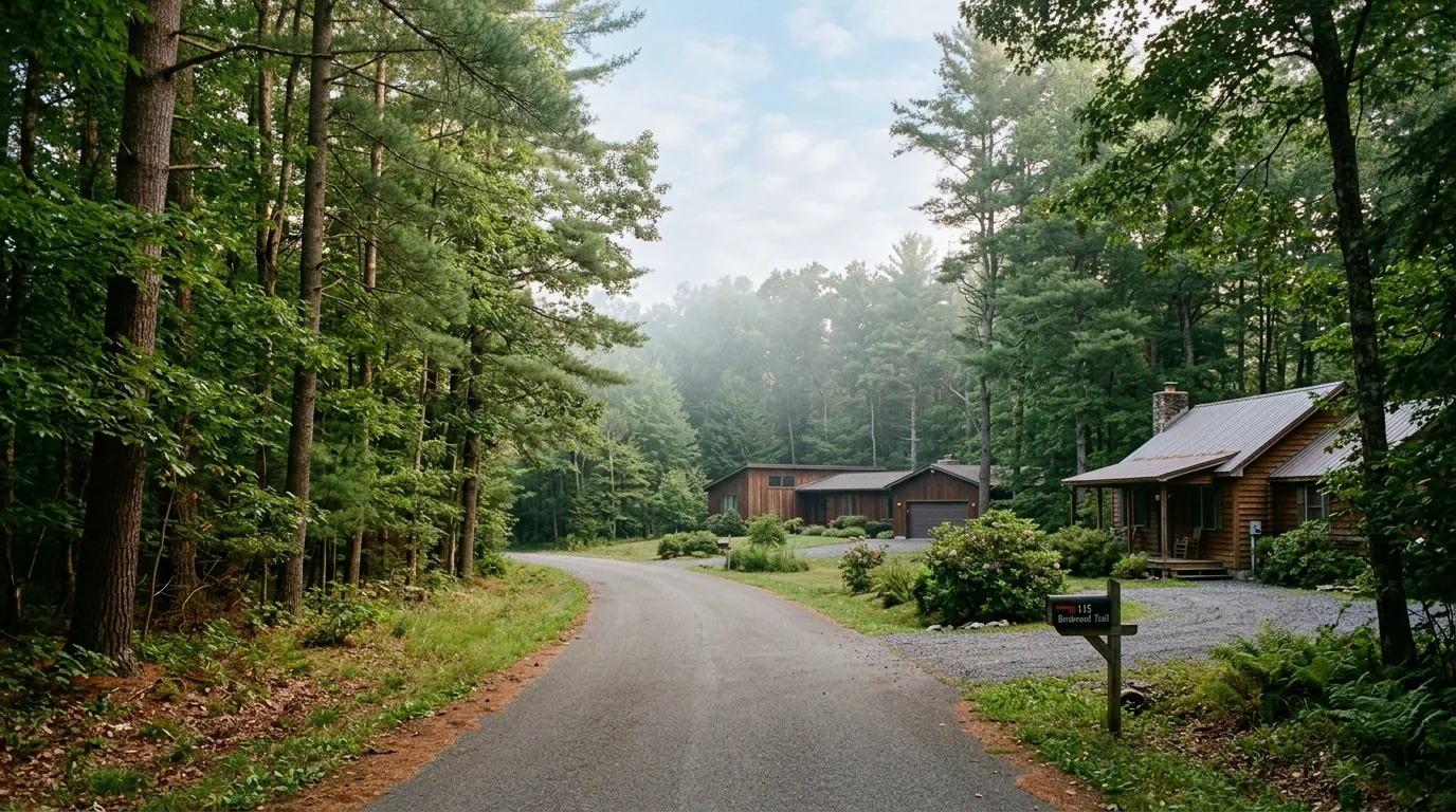 Wooded residential street in Dingmans Ferry with ranch homes and gravel driveways.