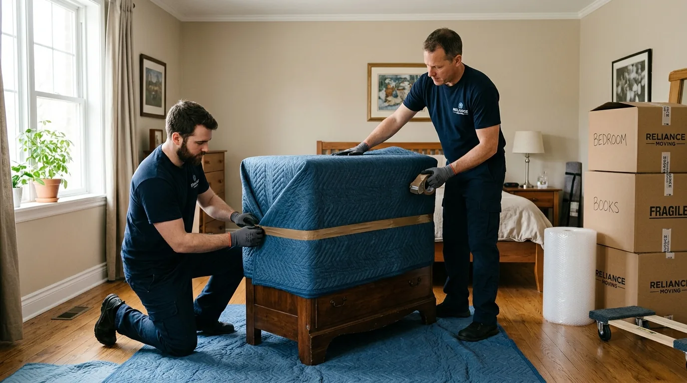Movers wrapping a wooden dresser with blankets and tape in a home interior.