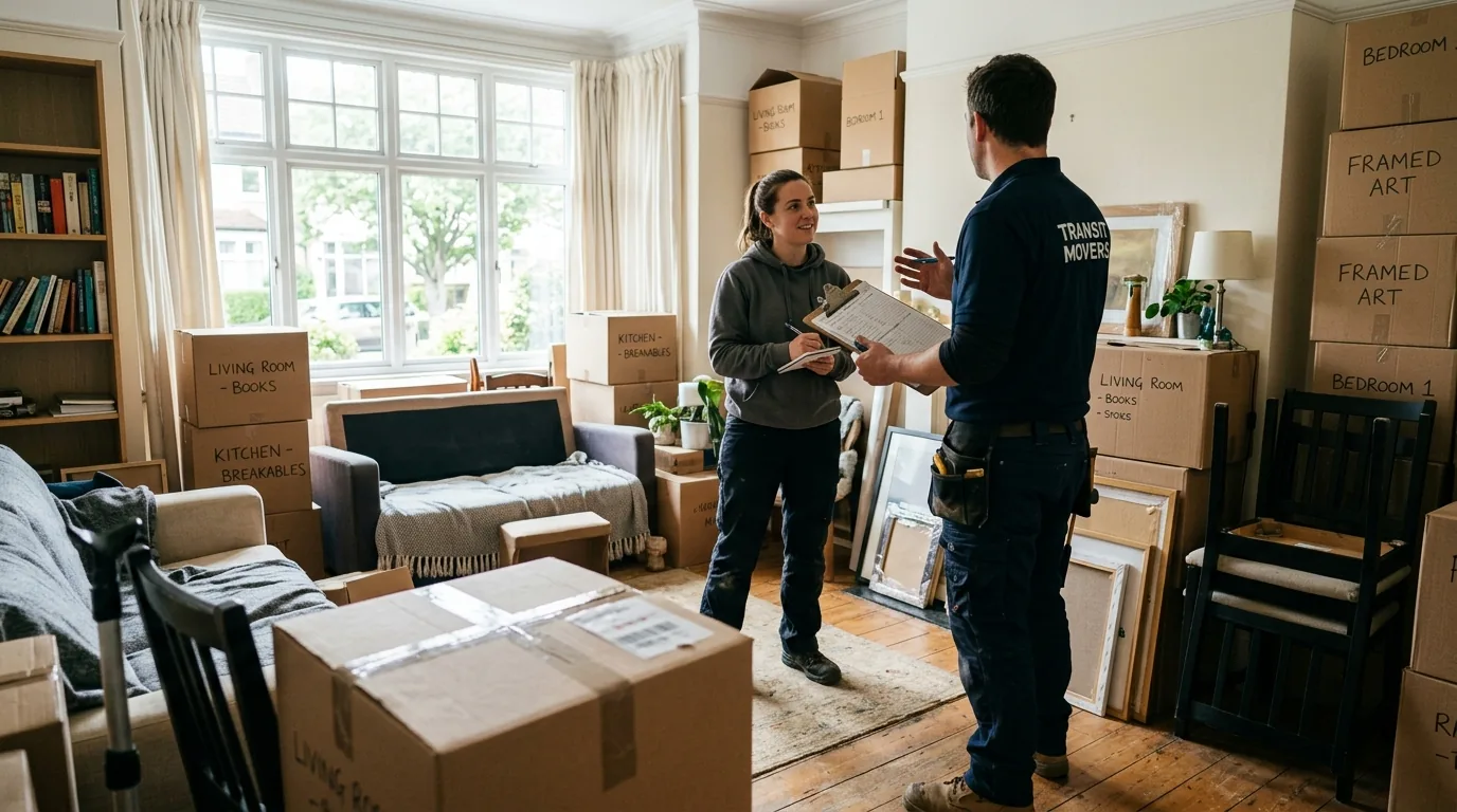 Crew lead with clipboard planning a move in a lived-in Dingmans Ferry living room.