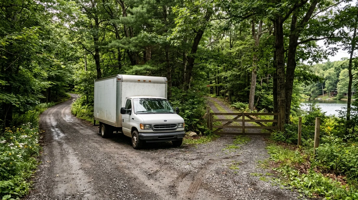 Moving truck on a gravel road near a gated driveway in Dingmans Ferry.