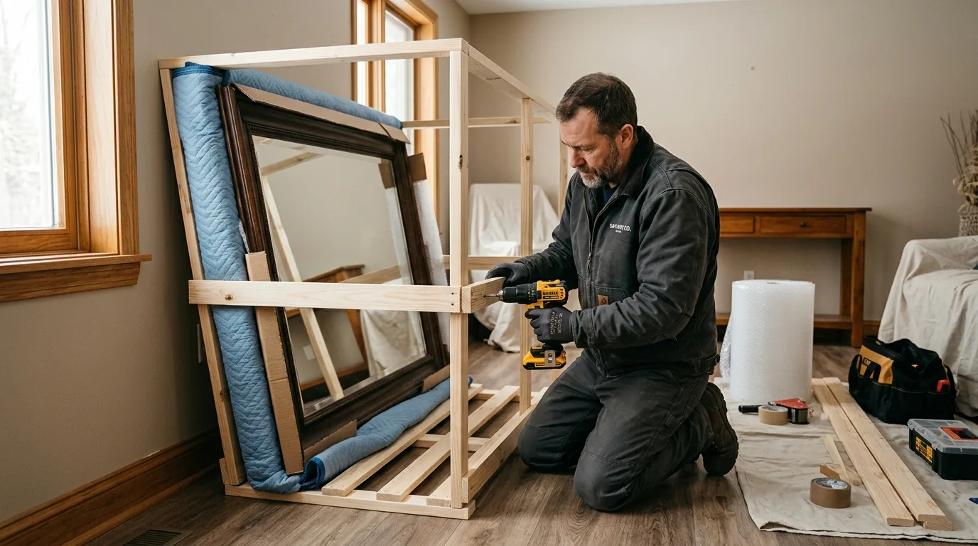 Mover crating a large framed mirror with wood and padding in a home.